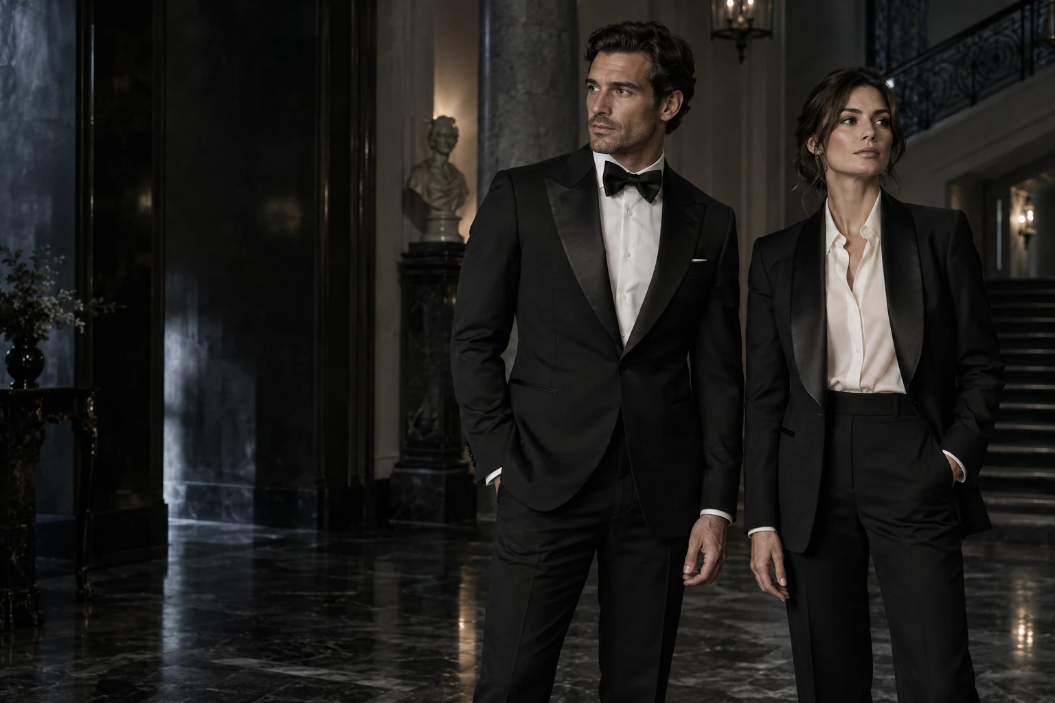 A man and woman in black tuxedos in a dramatic evening interior