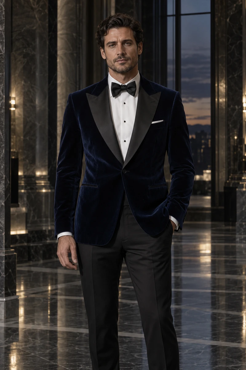 Men’s dark navy velvet tuxedo editorial