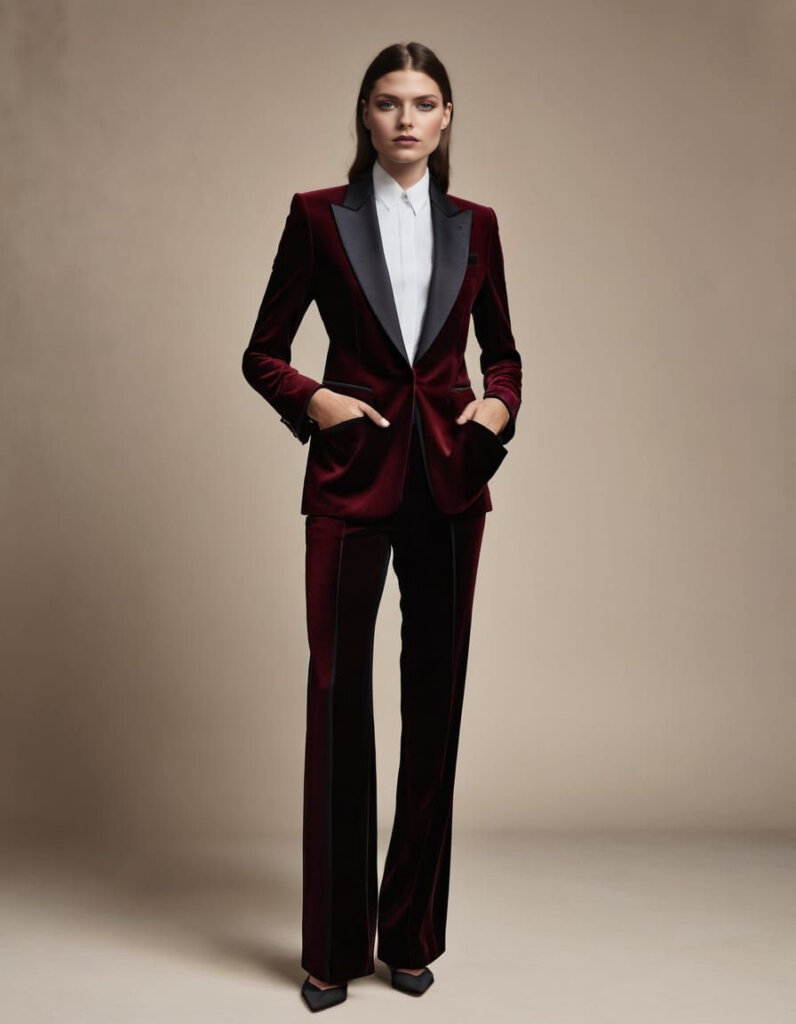 Women’s Wine Red Velvet Tuxedo (Made to Measure) styling inspiration