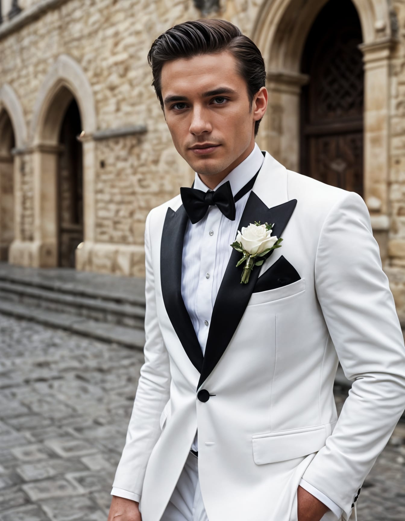 Mens white tuxedo black satin peak lapel