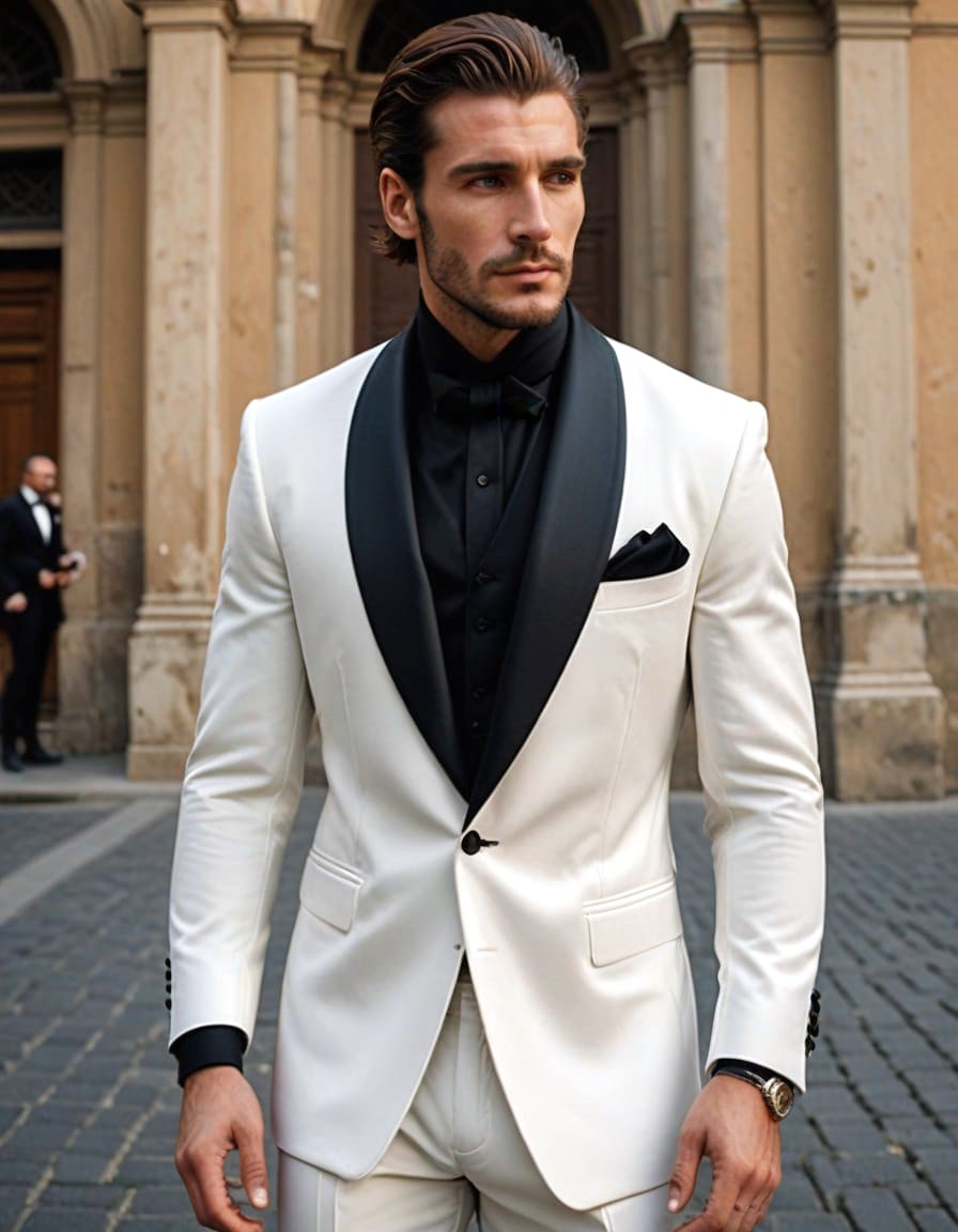 Mens white tuxedo black shawl lapel