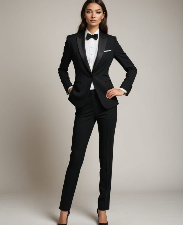 Women’s classic black tuxedo with satin peak lapels and matching trousers