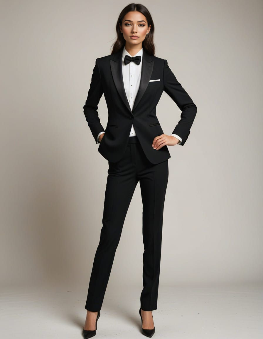 Women’s classic black tuxedo with satin peak lapels and matching trousers