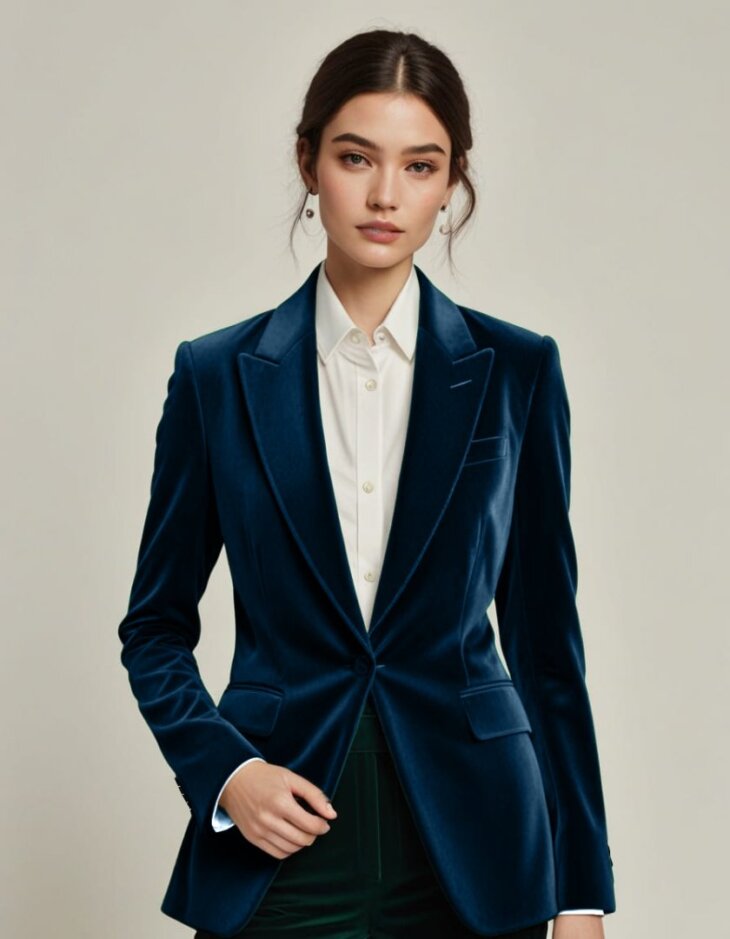 Womens Dark Navy Blue Velvet Tuxedo Matching wide velvet peak lapels