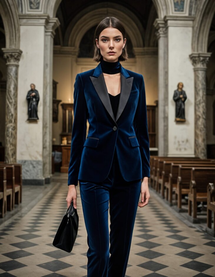 Womens Dark Navy Blue Velvet Tuxedo Satin Peak
