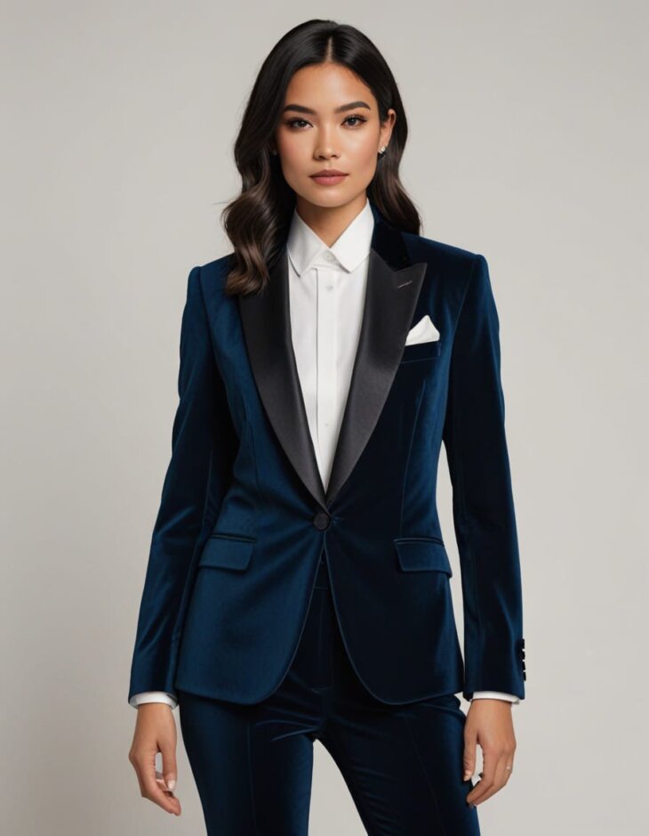 Womens Dark Navy Blue Velvet Tuxedo Satin Peak Lapels