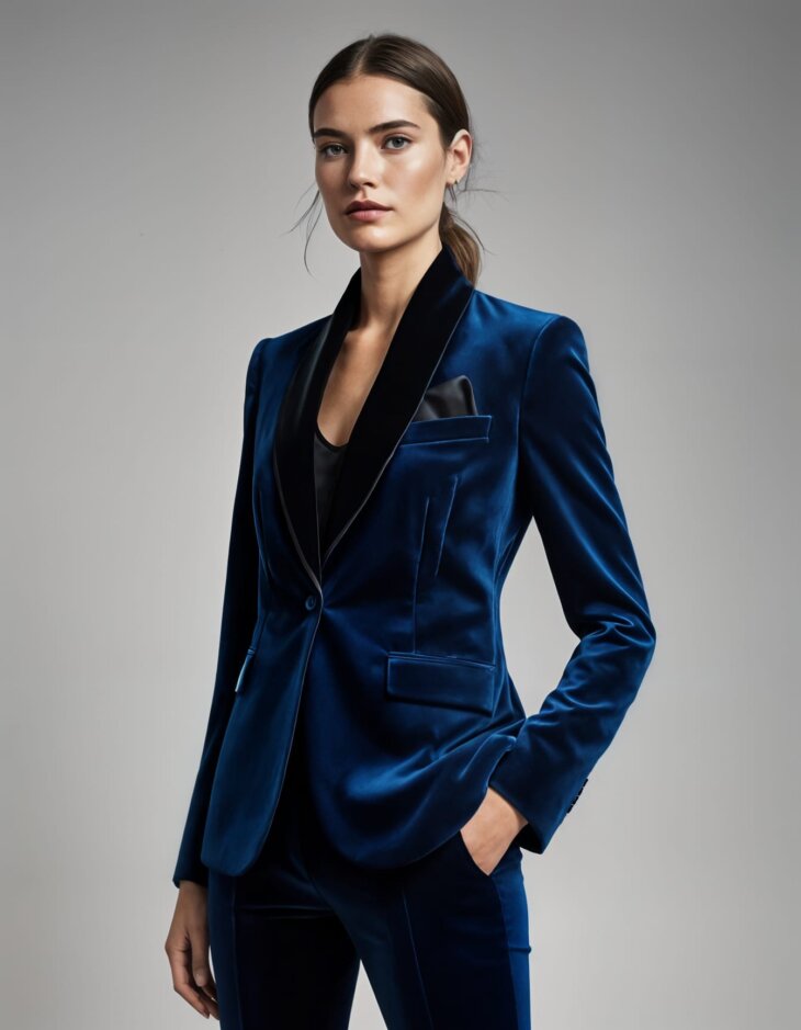 Womens Dark Navy Blue Velvet Tuxedo Satin Shawl lapels