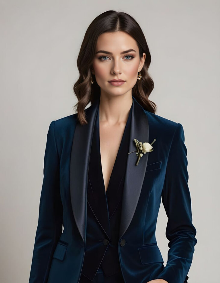 Womens Dark Navy Blue Velvet Tuxedo Shawl Lapel