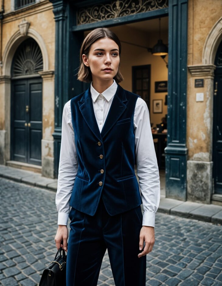Womens Dark Navy Blue Velvet Tuxedo Trousers and waistcoat with notch lapels 4b