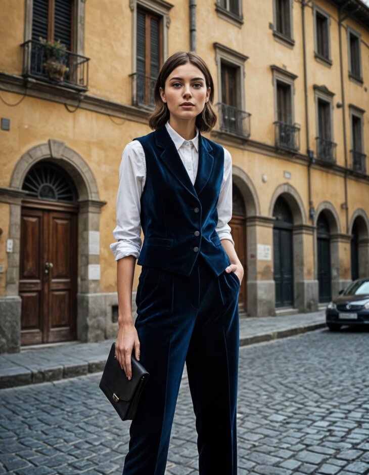 Womens Dark Navy Blue Velvet Tuxedo Trousers and waistcoat with notch lapels