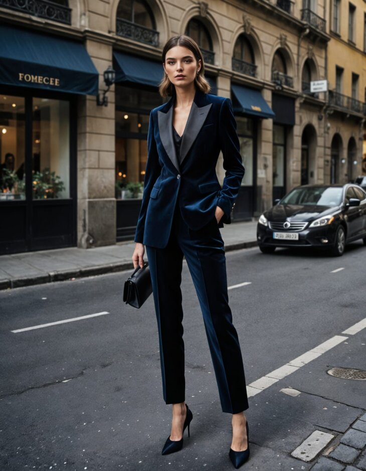 Womens Dark Navy Blue Velvet Tuxedo Wide Satin Peak Lapel