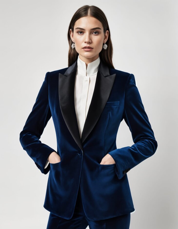 Womens Dark Navy Blue Velvet Tuxedo Wide Satin Peaks