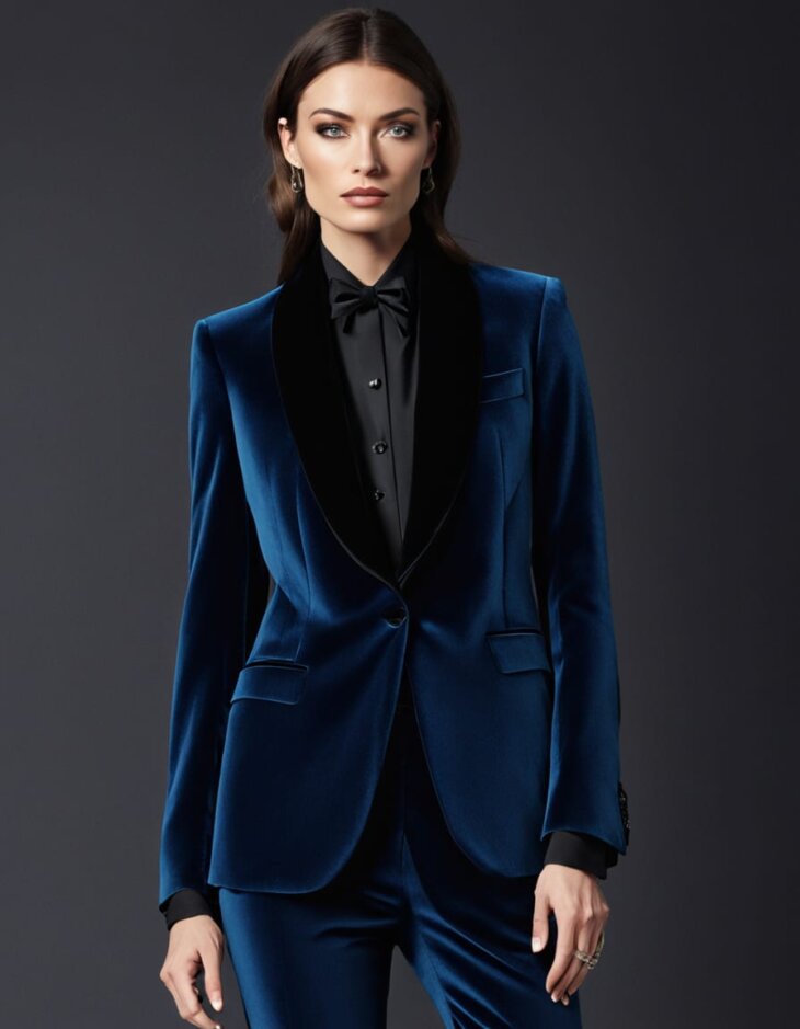 Womens Dark Navy Blue Velvet Tuxedo Wide shawl Lapel