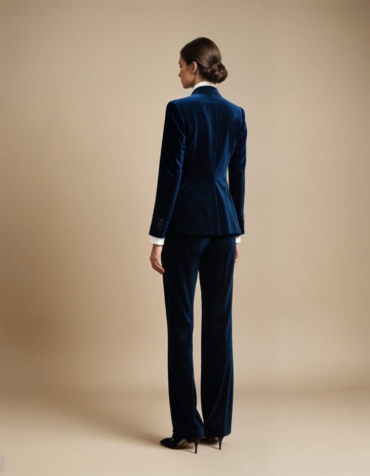 Womens Dark Navy Blue Velvet Tuxedo suit back