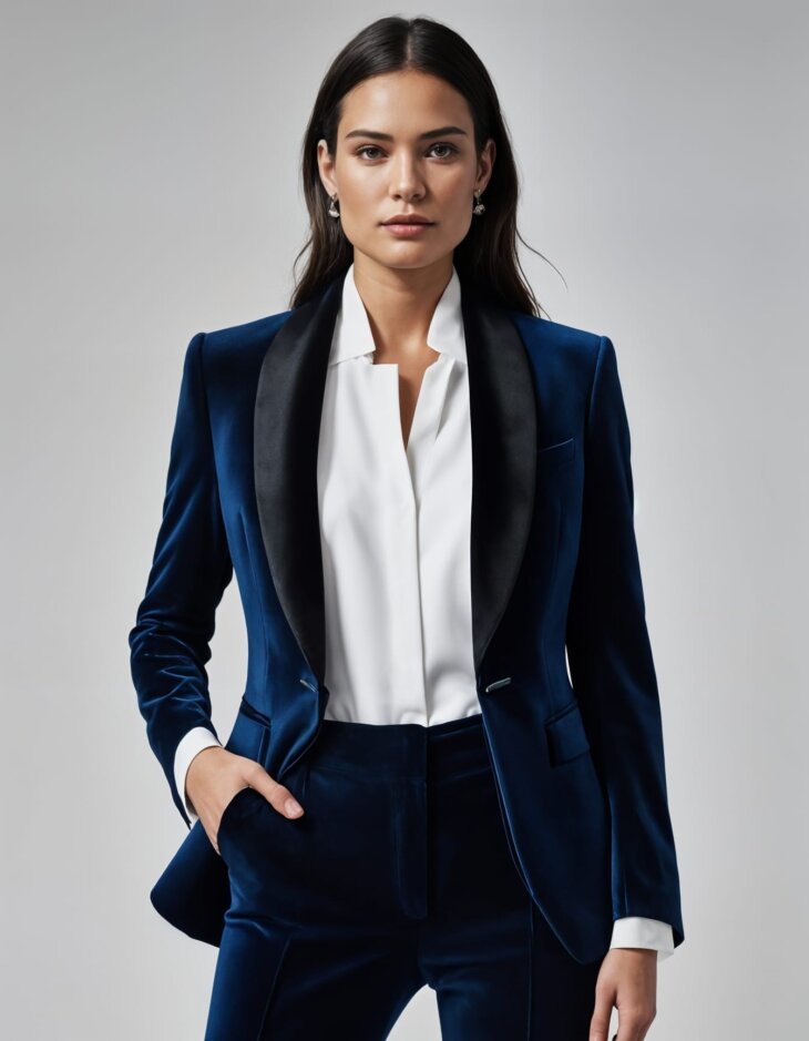 Womens Dark Navy Blue Velvet Tuxedo wide shawl lapels
