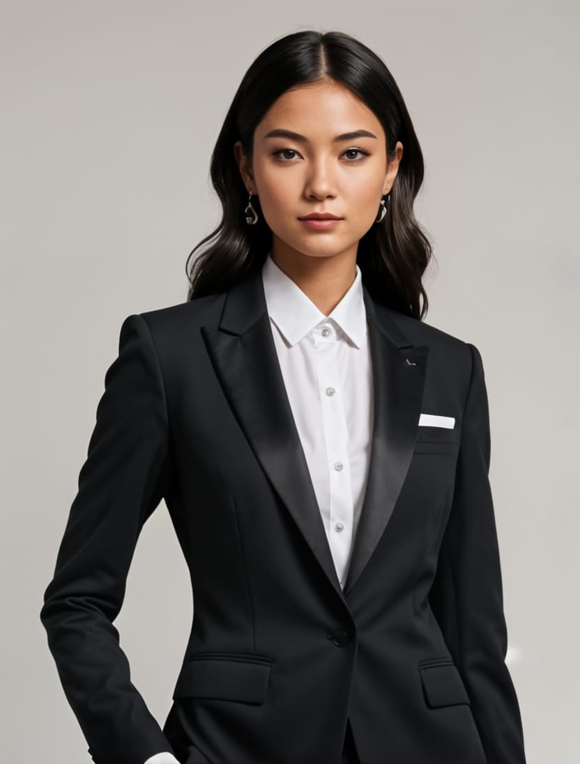 Women’s black single-breasted tuxedo showing satin peak lapels
