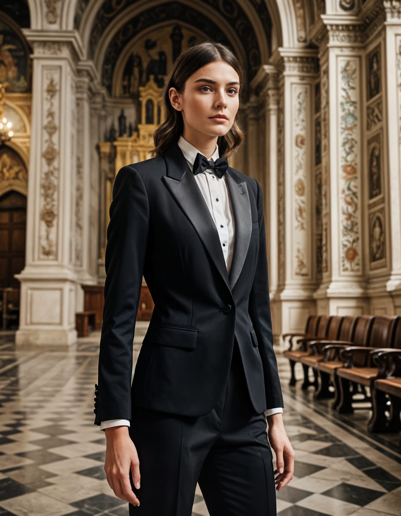 Women’s black single-breasted tuxedo with satin peak lapels in a formal interior