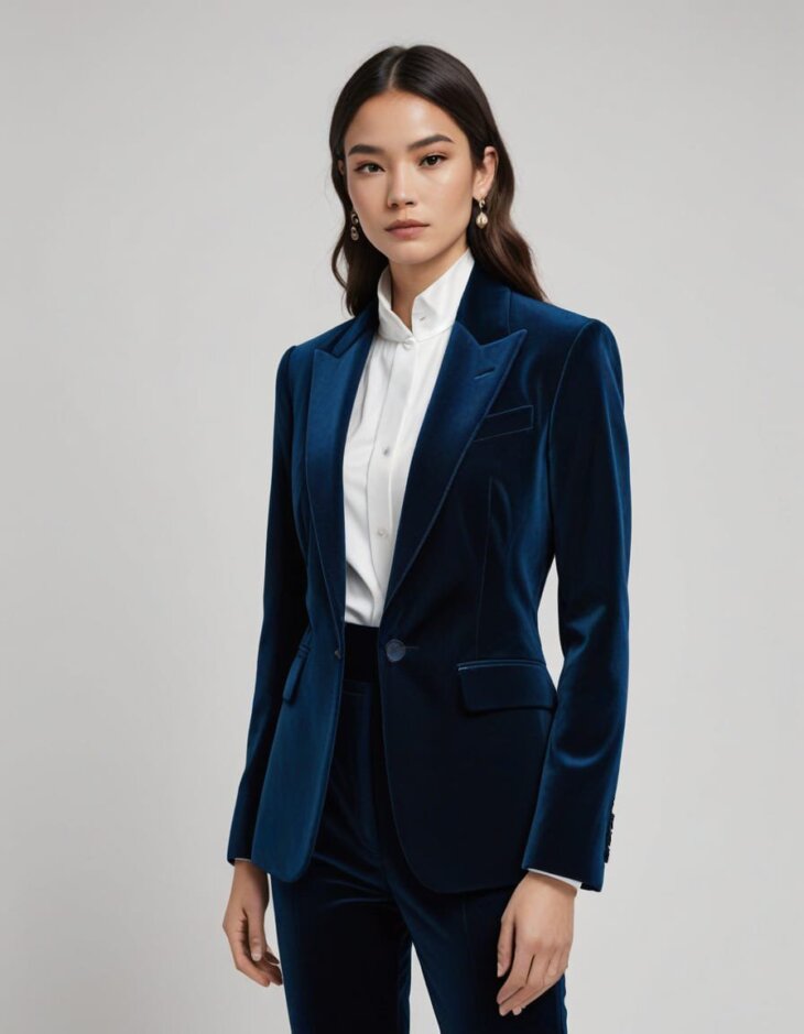 womens dark navy blue velvet tuxedo matching peak lapels