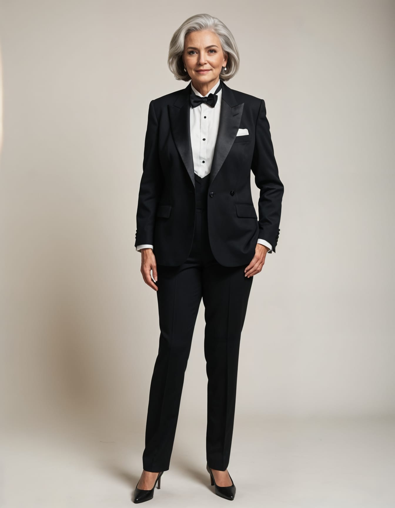 Women’s black double-breasted tuxedo with satin peak lapels and matching trousers
