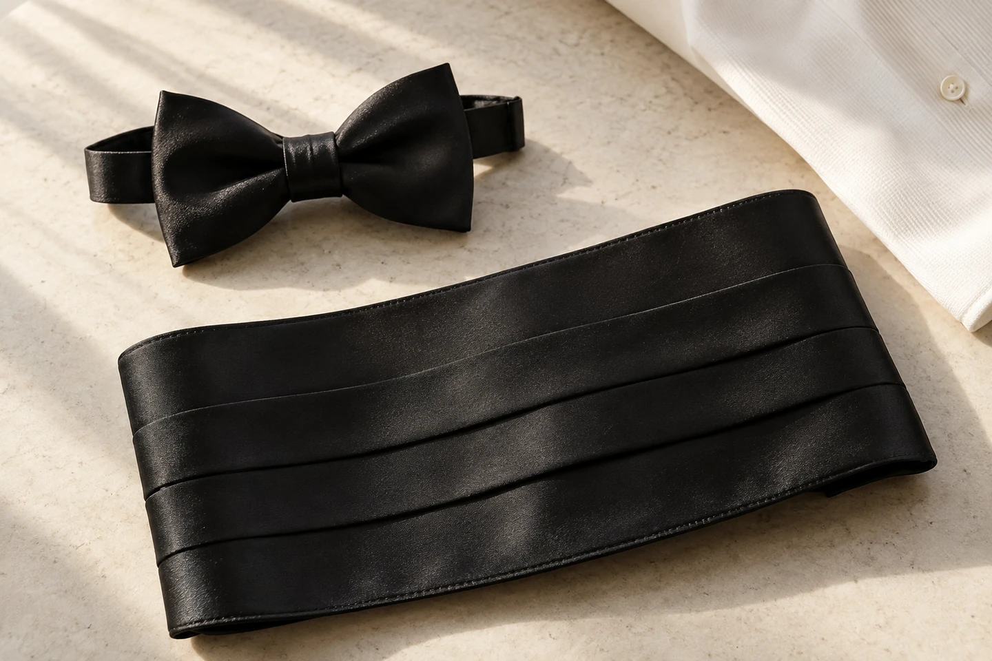 Black satin bow tie and pleated cummerbund beside an ivory shirt on a light stone surface.