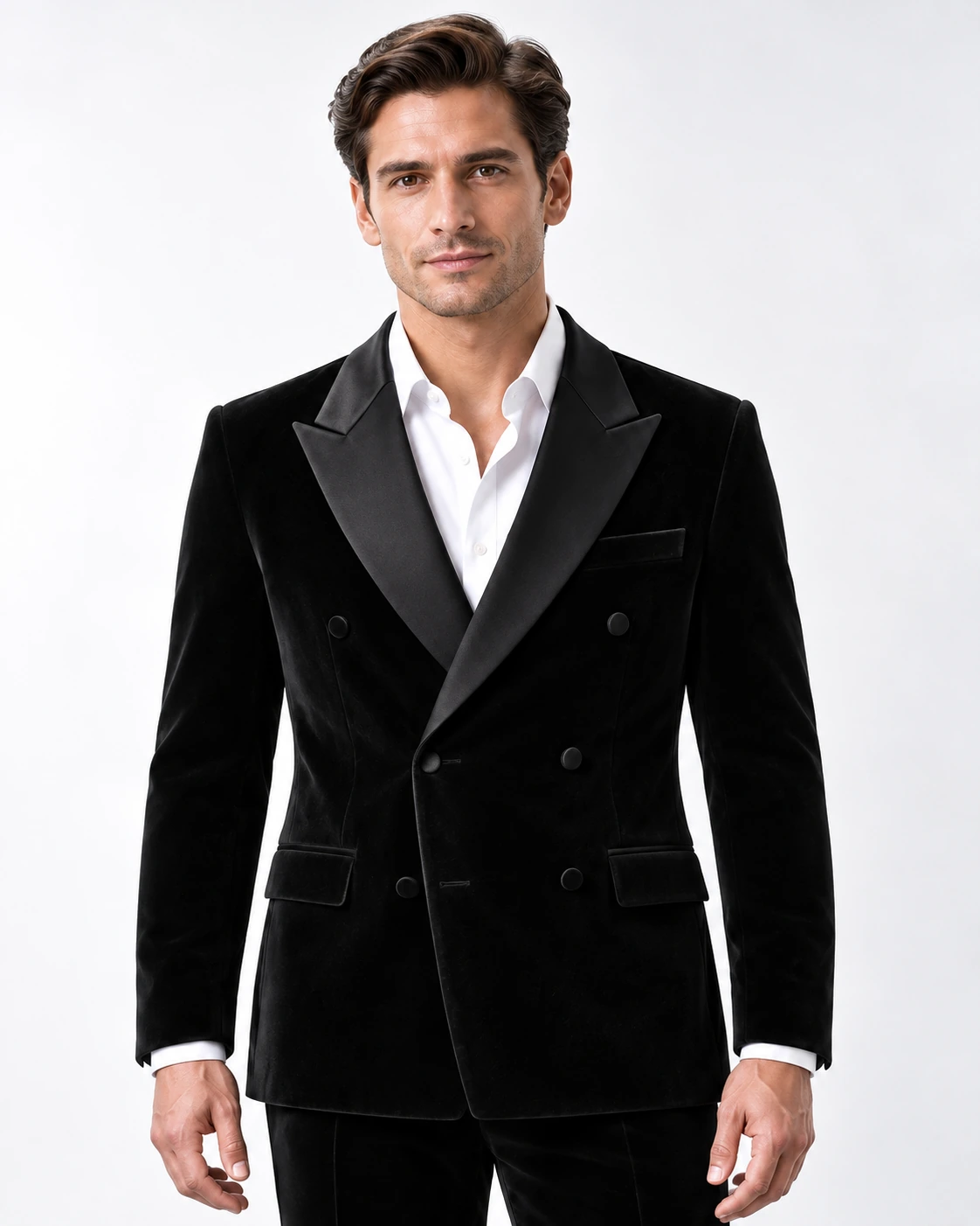 Men’s black velvet double-breasted tuxedo with peak lapels