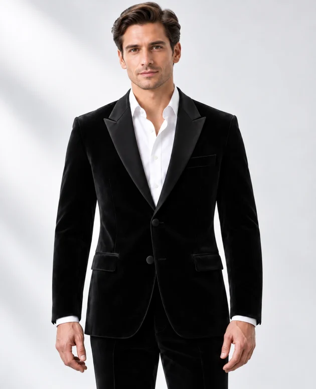 Man wearing a black velvet single-breasted tuxedo with black satin peak lapels and collar, head-to-upper-thigh portrait against a white studio background.