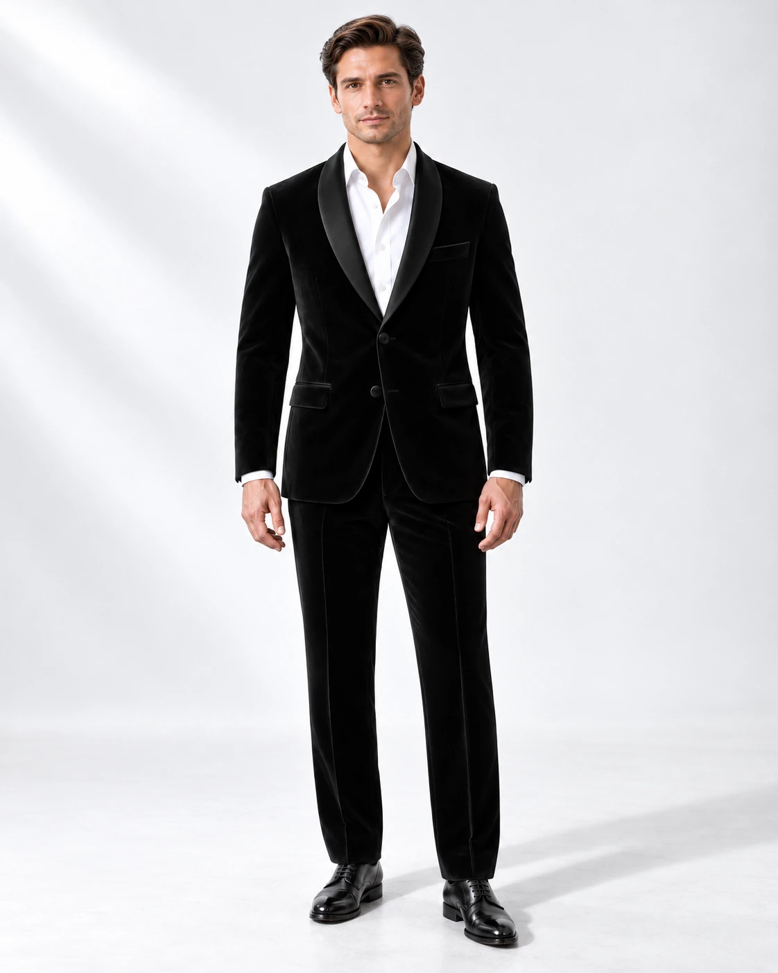 Man wearing a black velvet single-breasted tuxedo with black satin shawl collar, full-length against a white studio background.