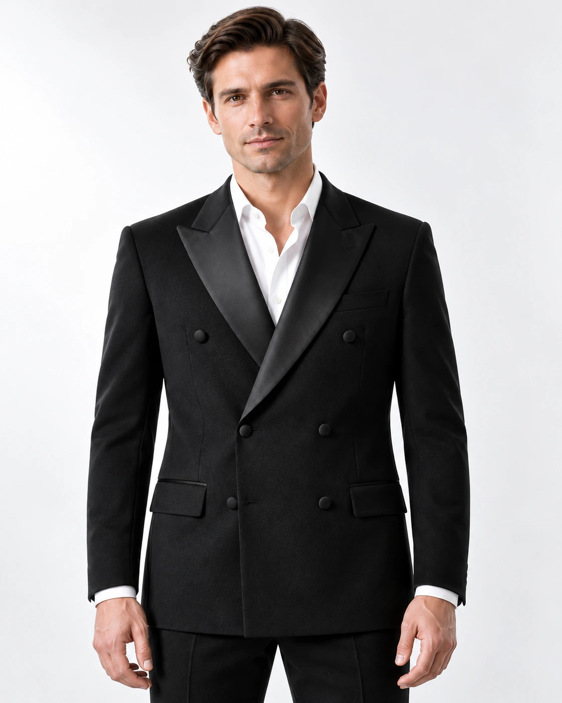 Men’s classic black wool double-breasted tuxedo with peak lapels