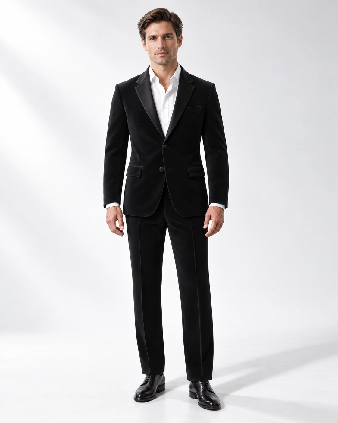 Man wearing a classic black wool single-breasted tuxedo with black satin notch lapels and collar, full-length against a white studio background.
