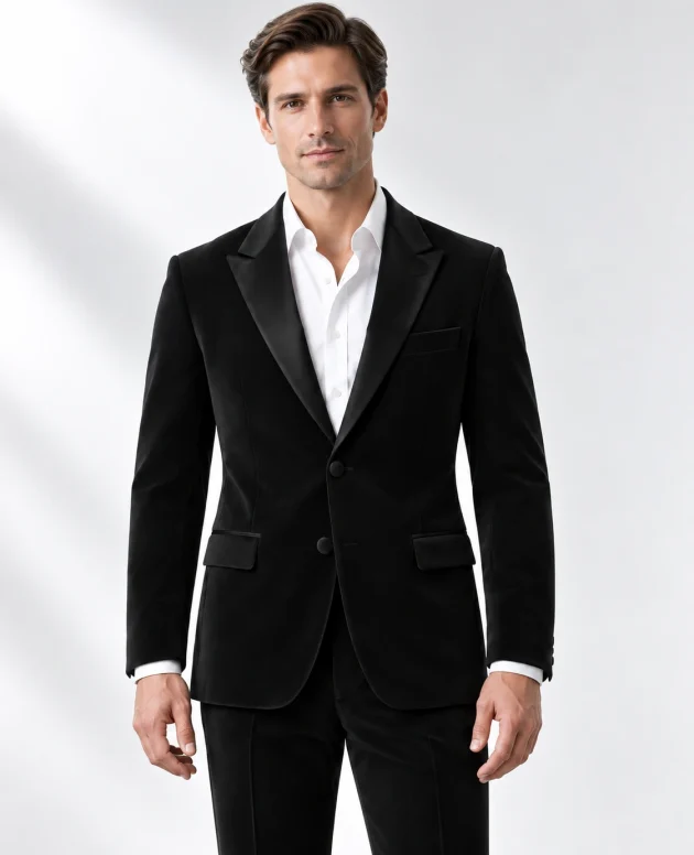 Man wearing a classic black wool single-breasted tuxedo with black satin peak lapels and collar, head-to-upper-thigh portrait against a white studio background.