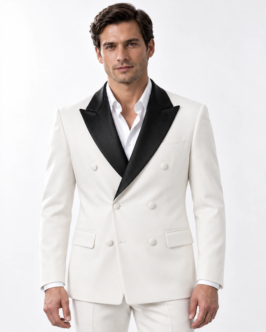 Men’s classic white wool double-breasted tuxedo with peak lapels