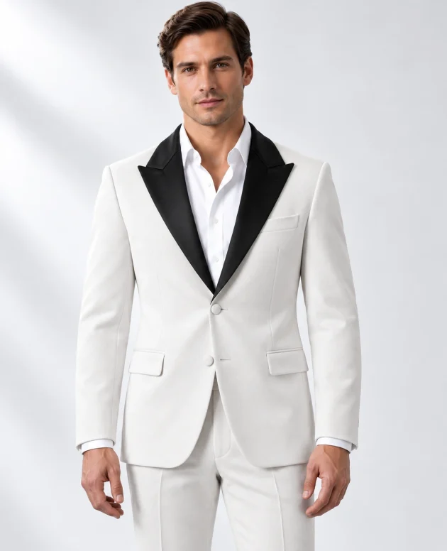 Man wearing a classic white wool single-breasted tuxedo with black satin peak lapels and collar, head-to-upper-thigh portrait against a white studio background.