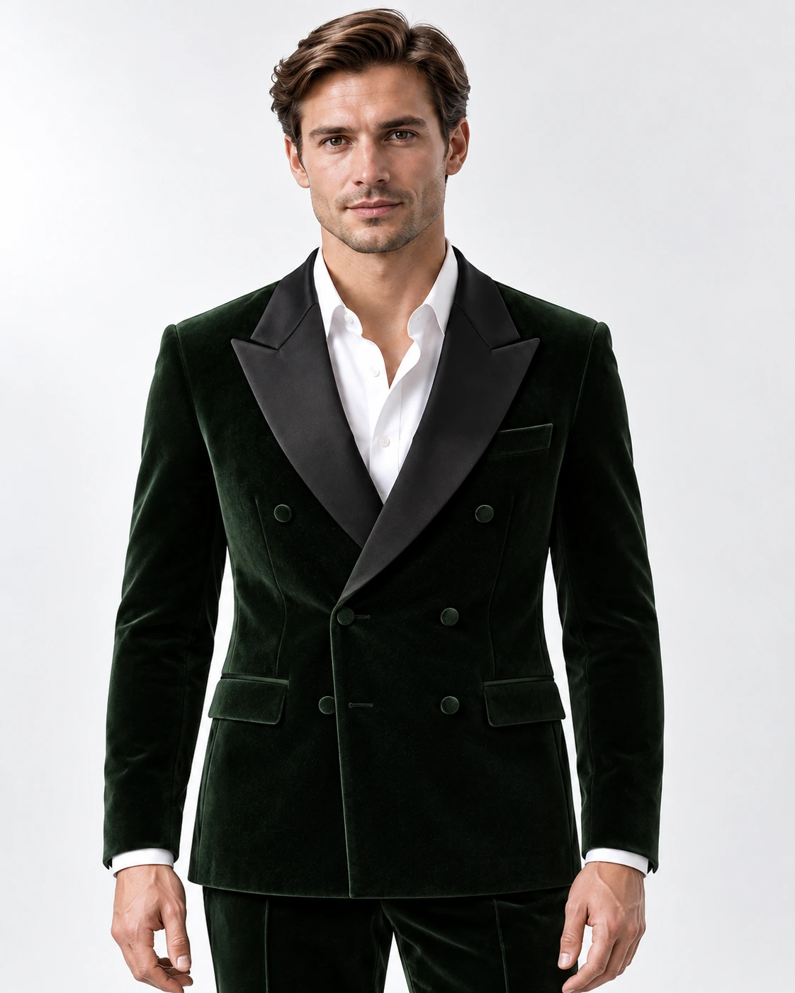Men’s green velvet double-breasted tuxedo with peak lapels