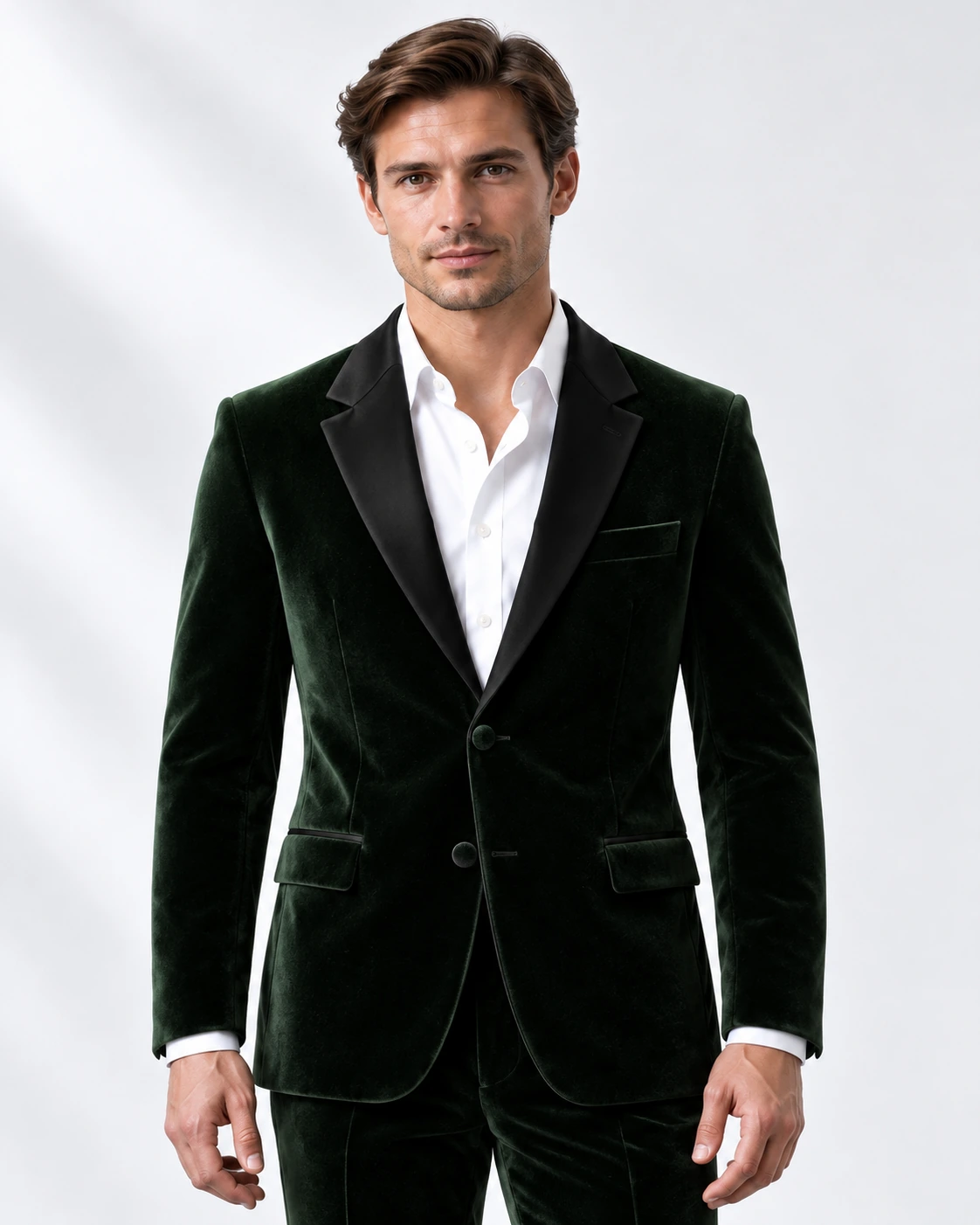 Man wearing a green velvet single-breasted tuxedo with black satin notch lapels and collar, head-to-upper-thigh portrait against a white studio background.