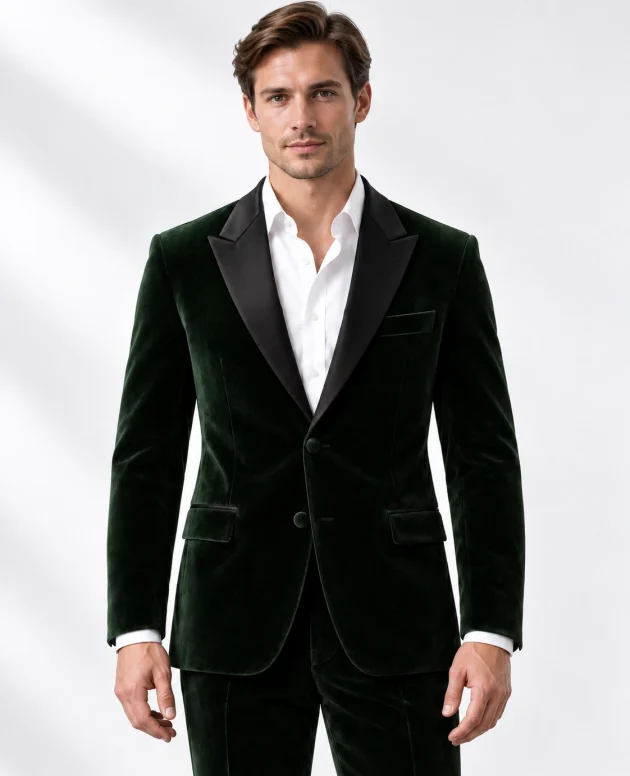 Man wearing a green velvet single-breasted tuxedo with black satin peak lapels and collar, head-to-upper-thigh portrait against a white studio background.