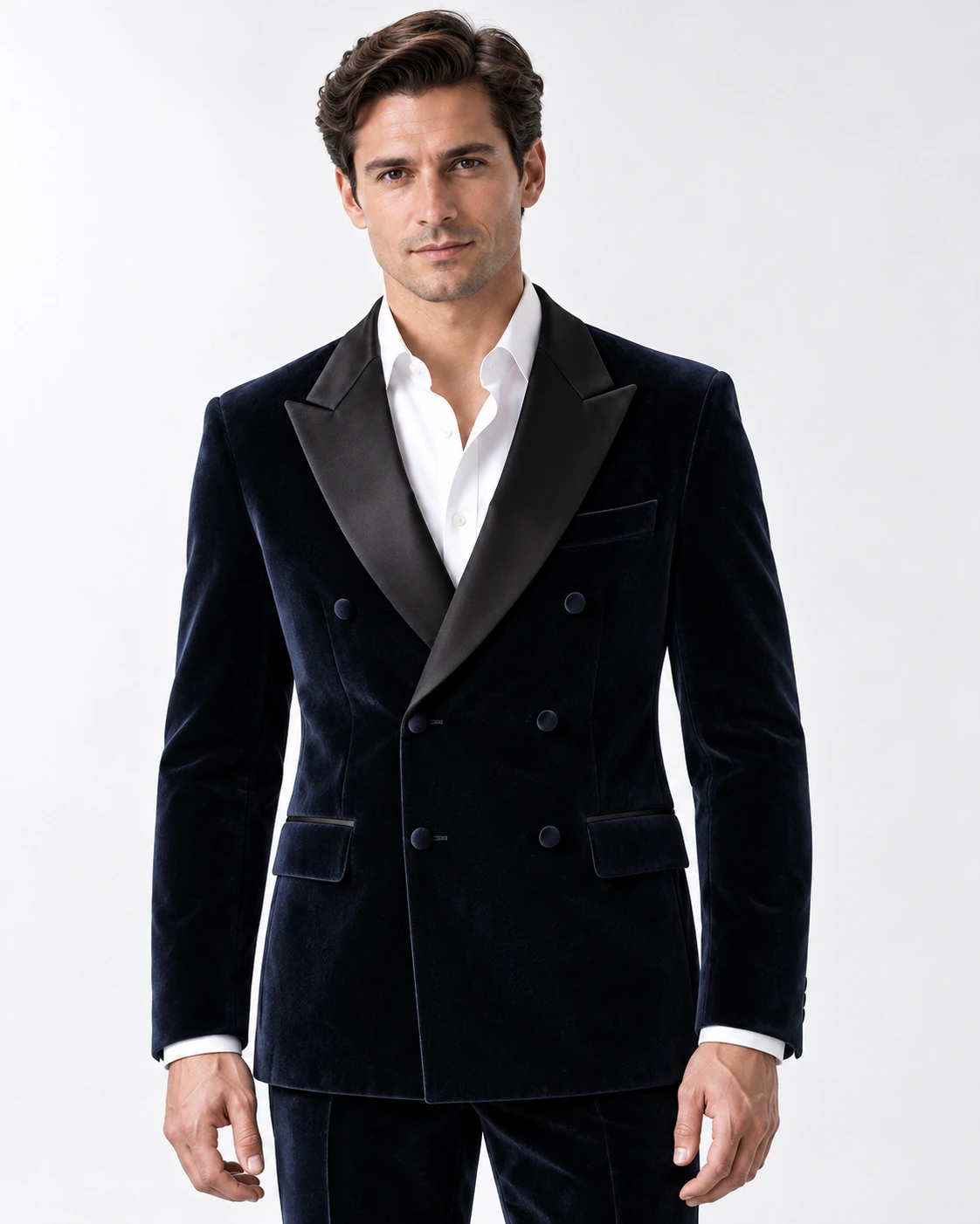 Men’s navy velvet double-breasted tuxedo with peak lapels