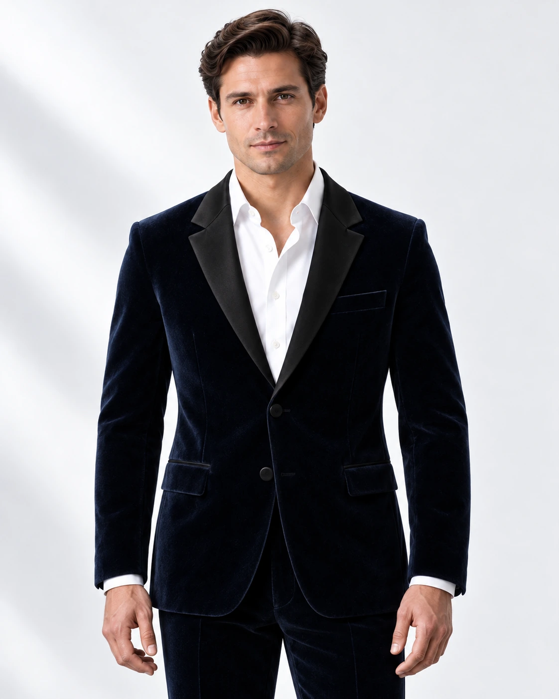 Man wearing a navy velvet single-breasted tuxedo with black satin notch lapels and collar, head-to-upper-thigh portrait against a white studio background.