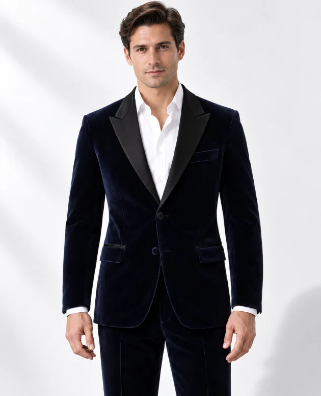 Man wearing a navy velvet single-breasted tuxedo with black satin peak lapels and collar, head-to-upper-thigh portrait against a white studio background.