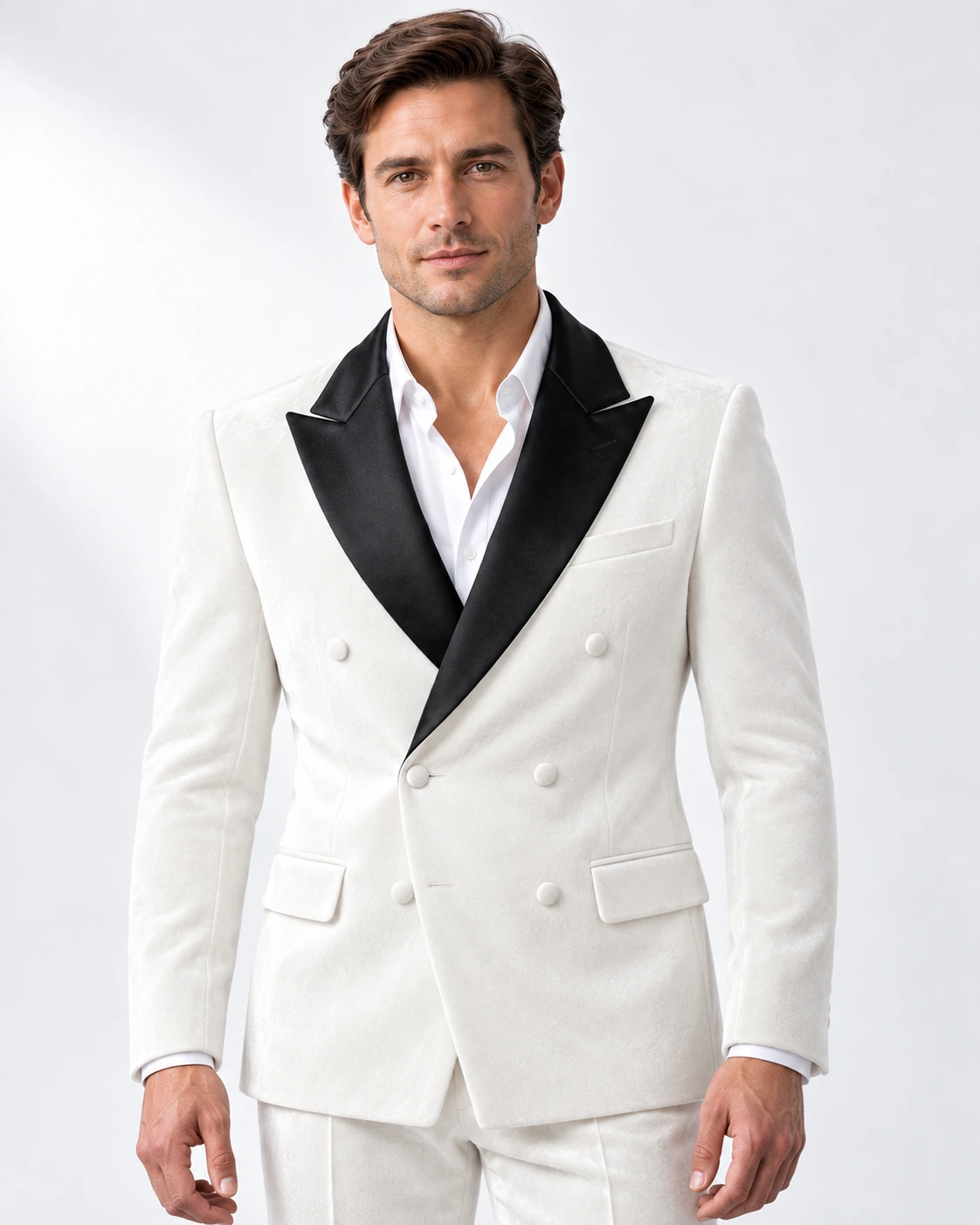 Men’s white velvet double-breasted tuxedo with peak lapels