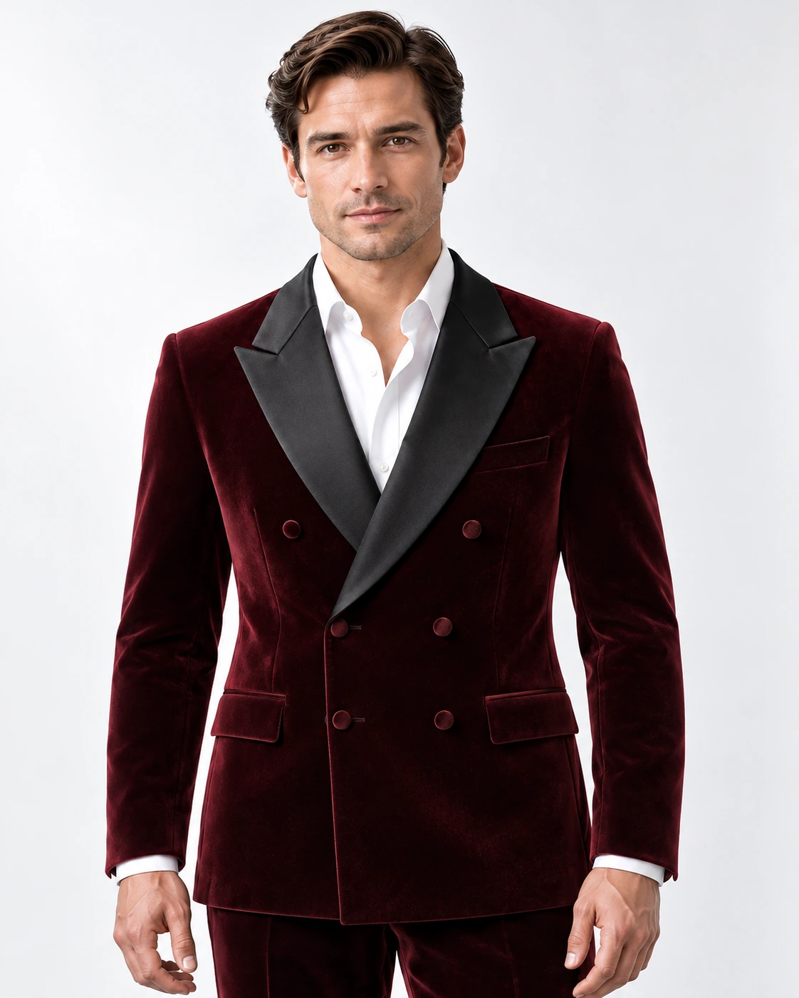 Men’s wine velvet double-breasted tuxedo with peak lapels