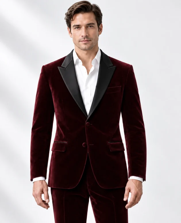 Man wearing a wine velvet single-breasted tuxedo with black satin peak lapels and collar, head-to-upper-thigh portrait against a white studio background.