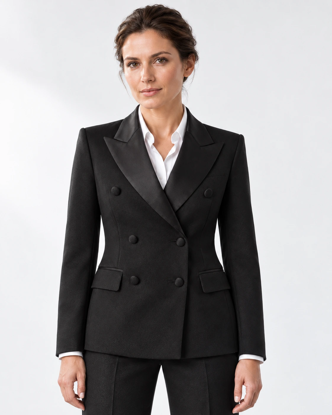 Women’s classic black wool double-breasted tuxedo with peak lapels