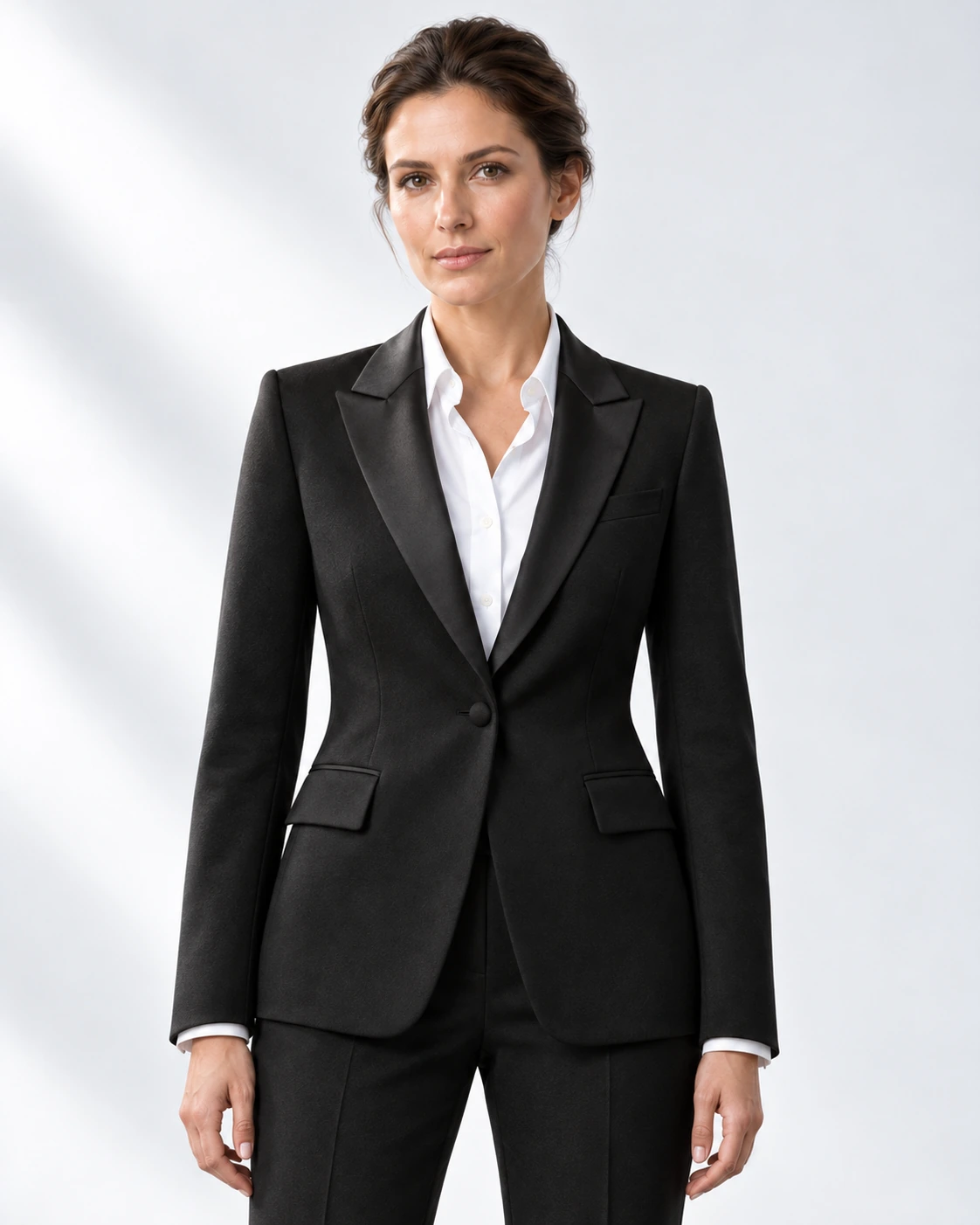 Woman wearing a classic black wool single-breasted tuxedo with black satin notch lapels and collar, head-to-upper-thigh portrait against a white studio background.
