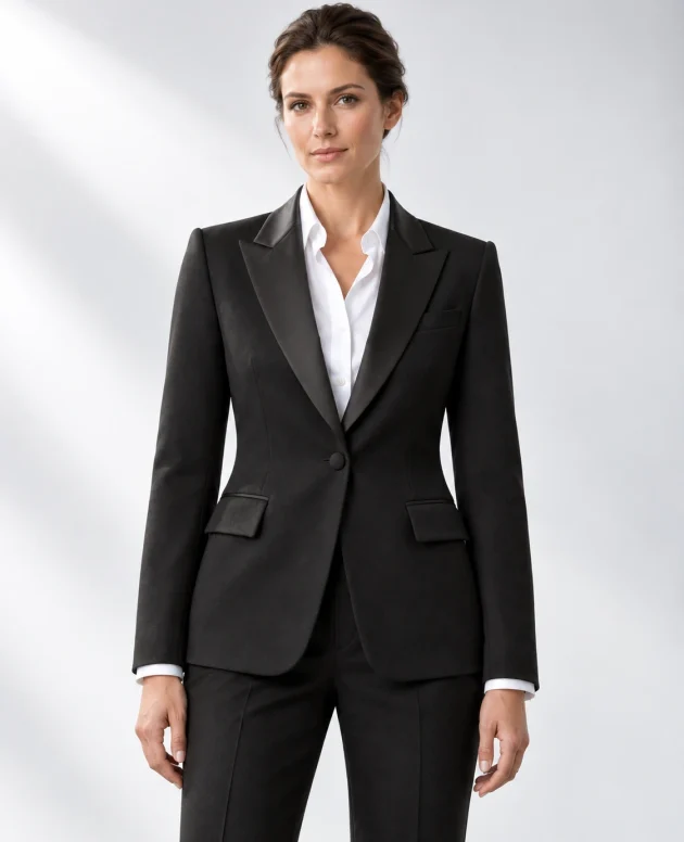 Woman wearing a classic black wool single-breasted tuxedo with black satin peak lapels and collar, head-to-upper-thigh portrait against a white studio background.