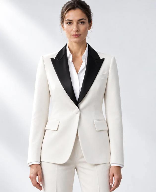 Woman wearing a classic white wool single-breasted tuxedo with black satin peak lapels and collar, head-to-upper-thigh portrait against a white studio background.