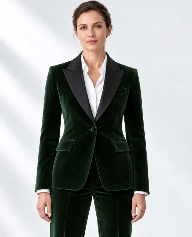 Woman wearing a green velvet single-breasted tuxedo with black satin peak lapels and collar, head-to-upper-thigh portrait against a white studio background.