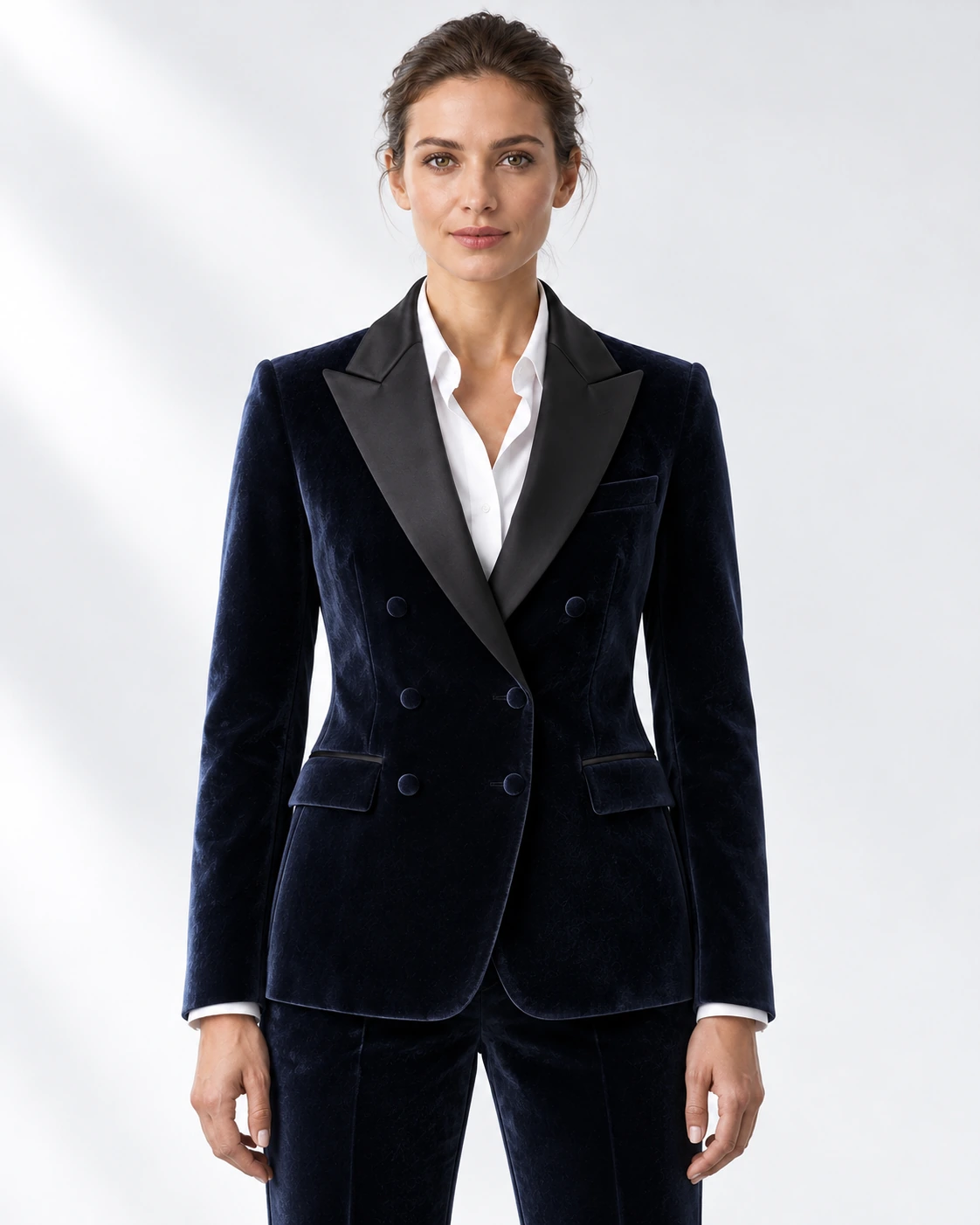 Women’s navy velvet double-breasted tuxedo with peak lapels