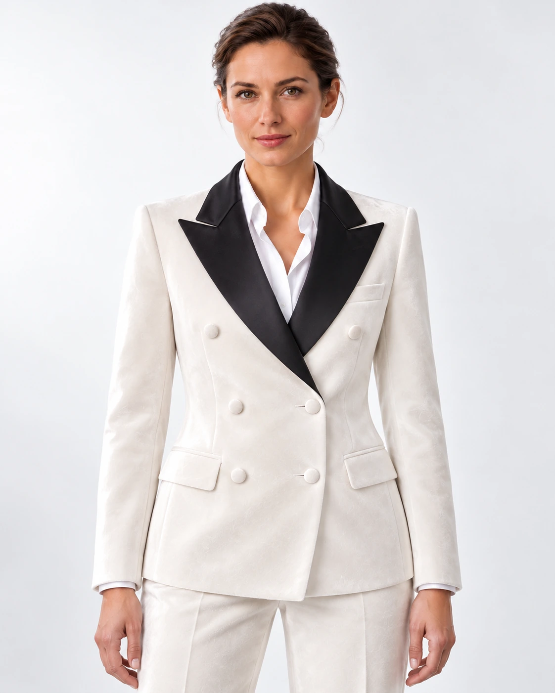 Women’s white velvet double-breasted tuxedo with peak lapels