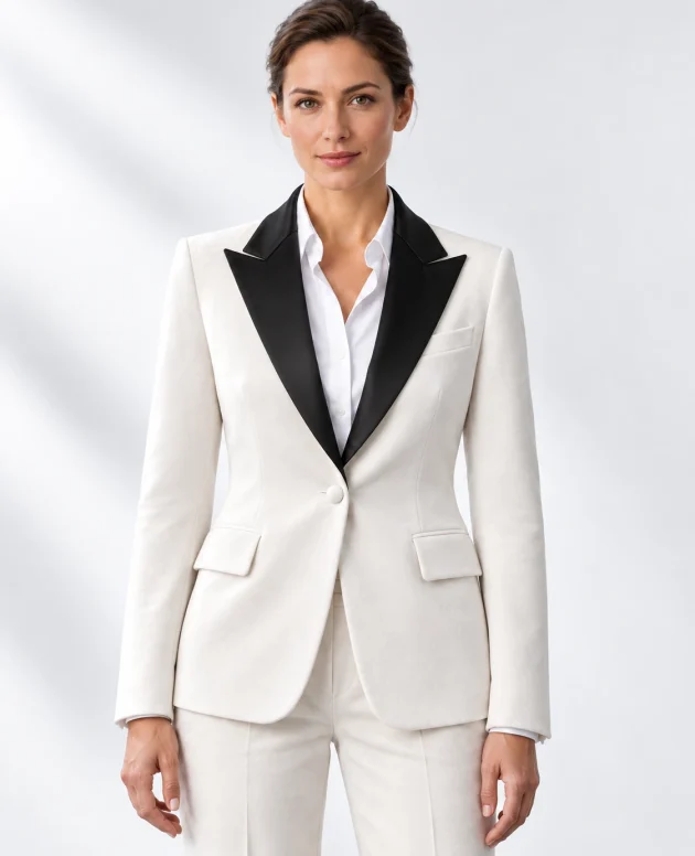 Woman wearing a white velvet single-breasted tuxedo with black satin peak lapels and collar, head-to-upper-thigh portrait against a white studio background.