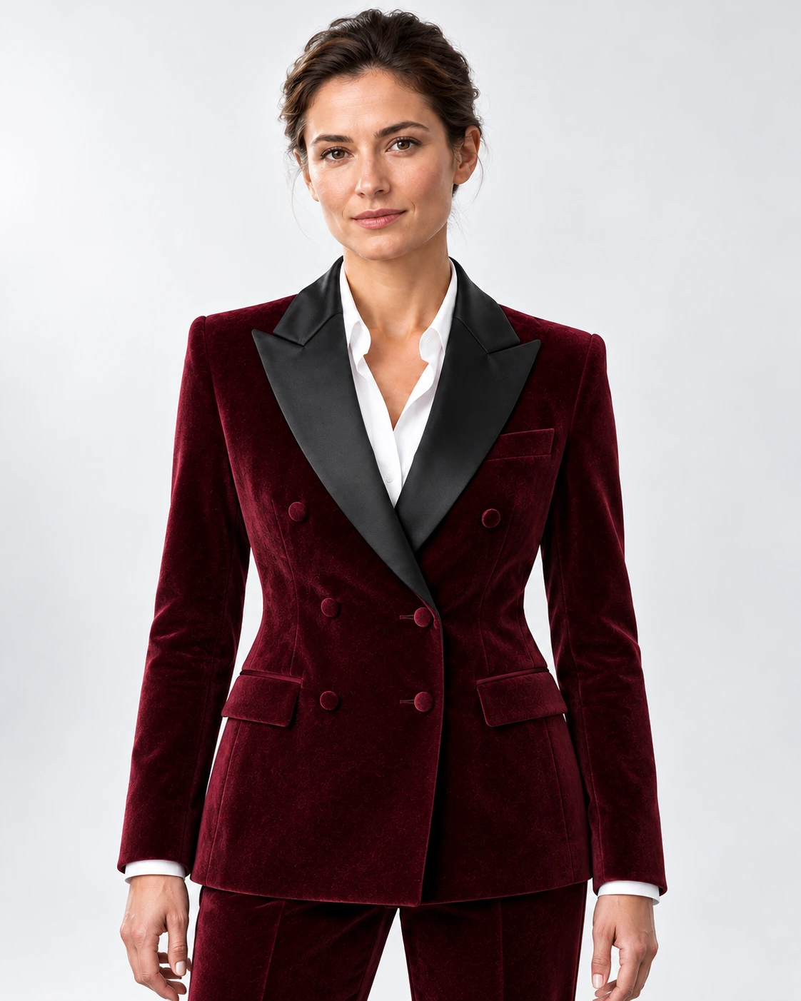 Women’s wine velvet double-breasted tuxedo with peak lapels